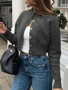 Plain Crew Neck Single-Breasted Long Sleeve Soft Knit Cardigan - Dark Grey - View 6