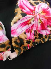 Women's 2-Piece Pink Bikini Set - Sexy Floral Leopard Print Triangle Top, Adjustable Side Ties, Spaghetti Strap, Suitable For Summer Beach Vacation - Multicolor - View 5