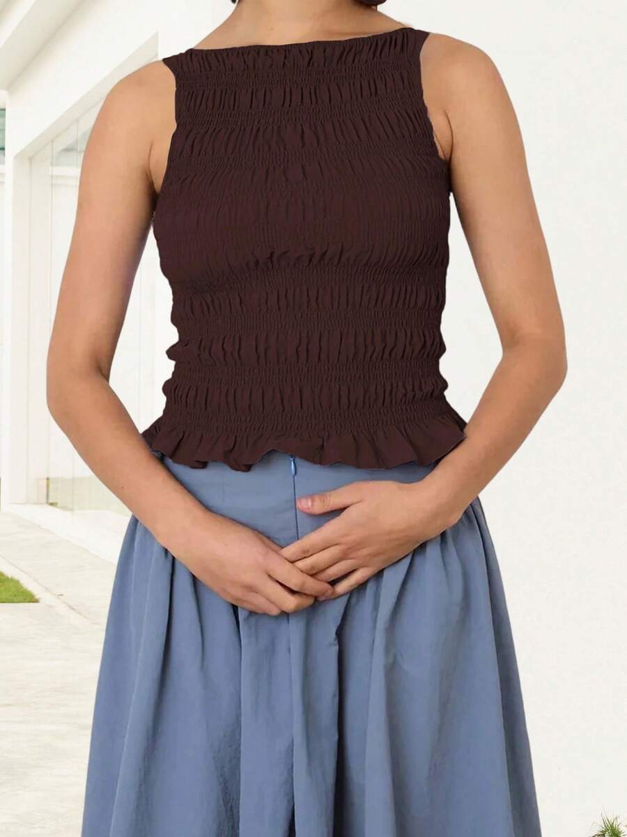 Women's Summer Smocked Tank Tops Solid Color/Plaid Sleeveless Boat Neck Ruffled Hem Slim Fit Vest - Dark Brown - View 1