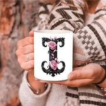 1pc Black Letter Floral A-Z Print Coffee Mug, Pink Floral, Alphabet Floral Coffee Mug For Office And Home, Alphabet Ceramic Coffee Mug, Women'S Birthday Gift, Mom, Best Friend, Bride, Bridesmaid Gift, White Tea Cup, Mother'S Day, Father'S Day Gift 11oz