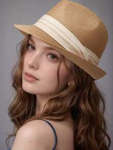 1 件女士上翻帽檐巴拿马帽，白色编织带，太阳帽，沙滩帽 - 卡其色帽子+米色織帶 - 查看 1