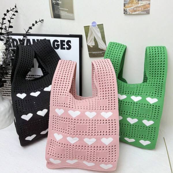 1pc Multi-Color Hollow Heart Shaped Wrist Pouch, Cute Summer Breathable Knit Handbag, Creative Gift, Fashion Item
