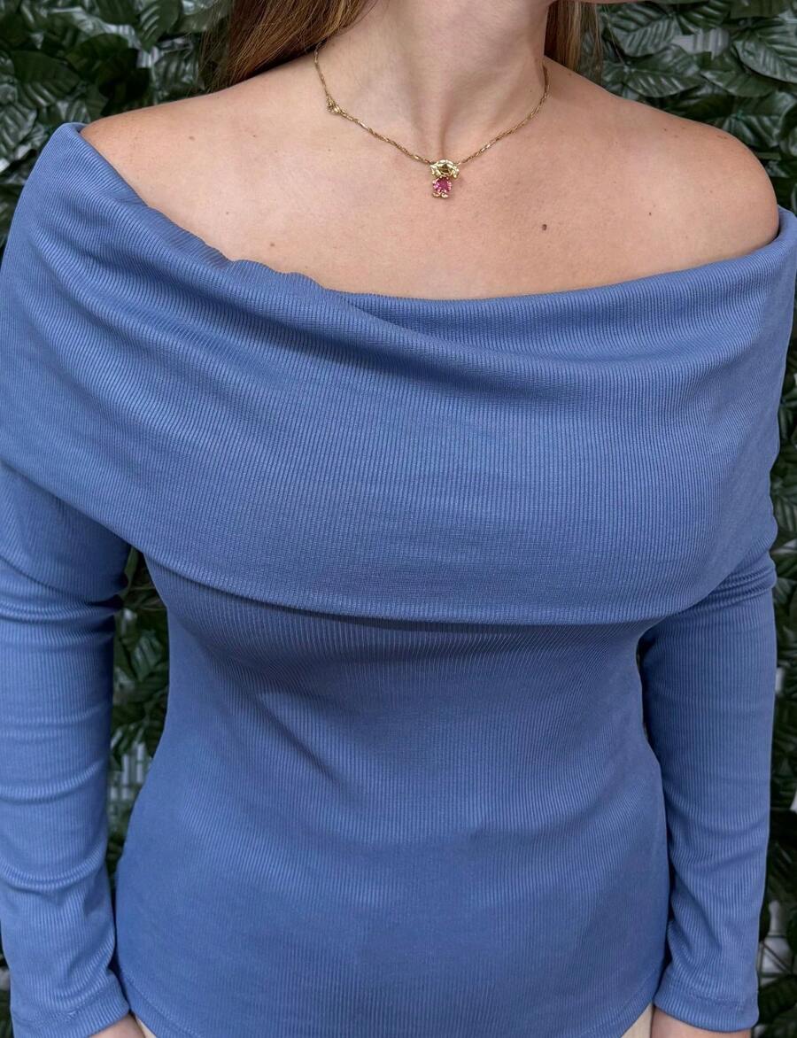 Long Sleeve Blouse With Ribbed Shoulder To Shoulder, Autumn Winter Fashion - 藍色 - 查看 1