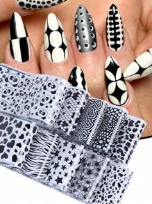 10 feuilles de feuilles de transfert d'art nail rétro noir avec des étoiles, des cœurs, des lignes et des vagues. Feuilles d'art pour ongles avec motifs étoilés, à carreaux et ondulés. Stickers de transfert pour la décoration d'ongles. Fournitures DIY