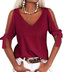 Womens Cold Shoulder V Neck Tops Short Sleeve Loose Fit Summer Casual Cutout T Shirt Blouse - 酒紅色 - 查看 3