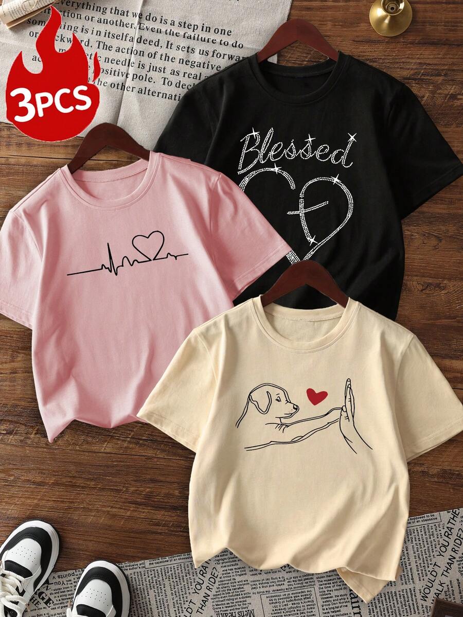 3pcs/Set Girls' Casual Printed Round Neck Short Sleeve T-Shirt, Suitable For Summer Students And Kids - Main Image Features Heart, Puppy High Five, Colorful T-Shirt Brings Joy To Every Child! Girls' Graphic Tee Tops For Summer - Apricot - View 1