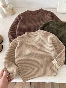 1pc Boys/Toddlers/Infants Khaki Solid Color Sweater, Children Casual Comfortable Knitted Pullover Long Sleeve, Suitable For Autumn/Winter