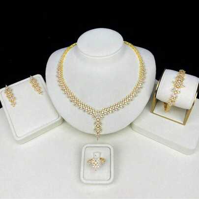 Juego de joyería de lujo hecho a mano para mujeres, juego de joyería chapada en oro con circonita para vestidos de noche, que incluye collar, pendientes, anillo y pulsera, elegante joyería nupcial y de boda