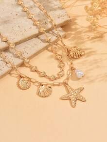 2pcs/Set Bohemian Style Versatile Shell Handmade Chain Necklace With Alloy Starfish & Shell Pendant, Suitable For Daily Wear, Vacation, Date, Music Festival, Layered Or Standalone Wear, Customizable Length - Multicolor - View 4