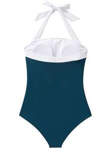 Women Sexy Tummy Control One Piece Swimsuit Halter Retro Bathing Suit - 68 Peacock Blue White - View 5
