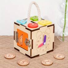 Juguete de caja de actividades de madera para bebés de 18M+, cubo de actividades 6 en 1 con clasificador de formas, ranura para monedas, engranajes giratorios, laberinto de cuentas, reloj y, juguete sensorial de aprendizaje para niños y niñas bebés