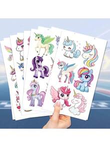 12-1 件闪光粉色独角兽临时纹身，可爱卡通闪光风格防水闪亮彩虹独角兽，生日派对用品装饰品，送给男孩女孩的完美礼物，礼品袋填充物，持续 2-5 天 - 彩色 - 查看 2