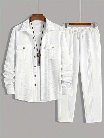 大码男士时尚休闲两件套，针织弹性几何图案，舒适面料 Polo 领纽扣衬衫和抽绳斜口袋裤子，适合日常休闲、通勤、街头风格、春季、秋季、冬季舒适服装