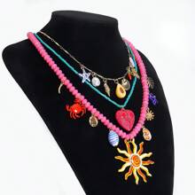 3pcs Bohemian Handmade Beaded Ocean Style Crab, Heart, Starfish, Avocado Pendant Multilayer Necklace For Women, Cute Beach Holiday Lobster, Shell, Chili Pepper Beaded Necklace Accessories (Handmade, Pendant Position Random, Beads Color May Have Minor Flaws)