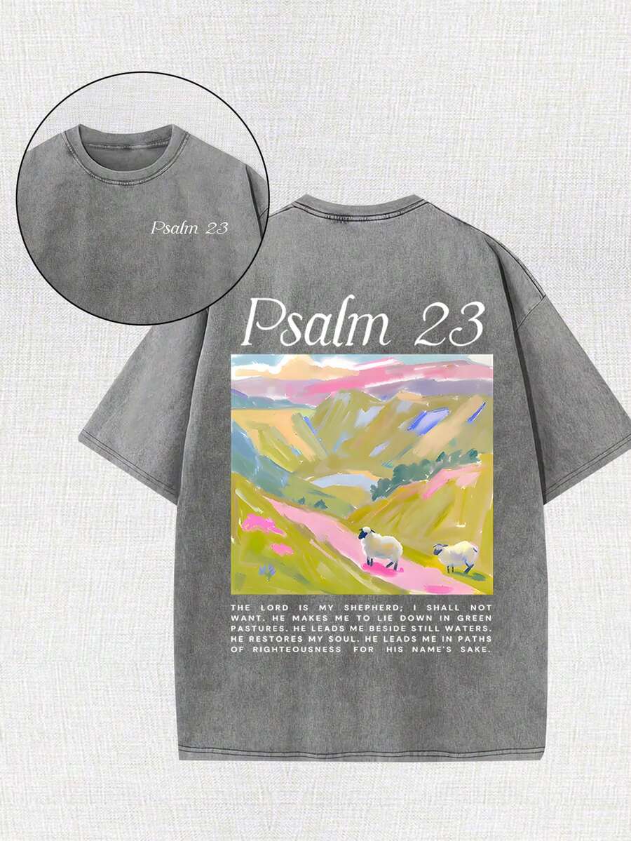 Jesus Religious Cross Sun Printed Retro Washed T-Shirt, 230G, Retro Street Style. Simple And Versatile, Pure Cotton Is Of High Quality, Novel And Fashionable, And It Is A Must-Have Fashion T-Shirt For Spring And Summer. - 灰色 - 查看 1