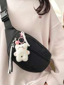 可愛純色女款斜挎包，適合學生夏季街頭風，多功能腰包附泰迪熊吊飾 - 黑色 - View 5