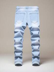 Men's Stretch Jeans, Street Style Slim Fit Stretch Blue Printed Small Leg Men's Jeans, Fashionable Straight Tube Comfortable Stretch Waist Casual Jeans For Men - 藍色 - 查看 2