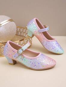 1 Pair Girls' Colorful Sequin Hook And Loop Design Elegant Small High Heel Shoes - Dance/Princess/Party Shoes, Suitable For Year-Round Wear, Perfect Gift For Children's Birthdays And Holidays