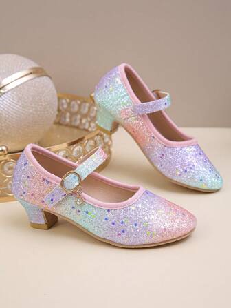 1 paar kleurrijke meisjesschoenen met klittenbandsluiting en pailletten, elegante schoenen met kleine hoge hak - dans-/prinsessen-/feestschoenen, geschikt om het hele jaar door te dragen, perfect cadeau voor kinderverjaardagen en feestdagen