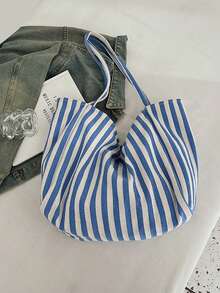 Retro Casual Large Capacity Canvas Tote Bag, New Spring 2025 Korean Style Striped Fashion Shoulder Handbag - Baby Blue - View 9