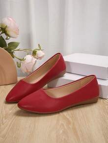 Women's Solid Color Flat Shoes, Comfortable Slip-On Soft Bottom Shoes, Casual Versatile Ballet Flats - Burgundy - View 4