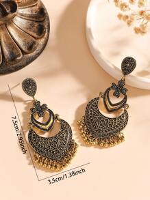 Elegant Retro Style Carving Flower Earrings With Charm Tassel Bells Pendant Suitable For Women's Daily Wear,Holiday Jewelry Accessories