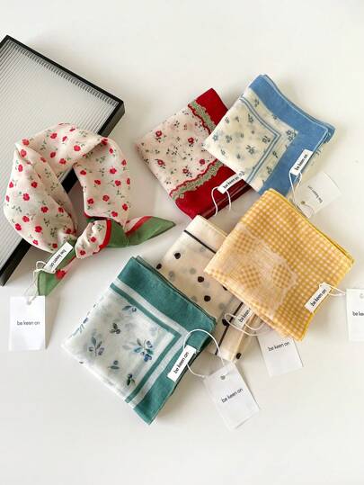 1pc Women's Texture Small Scarf/Handkerchief/Headband, Europe And The United States Style Versatile Flowers Printed Linen Scarf/Neck Scarf/Handkerchief, Summer Beach