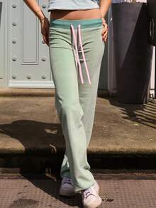 Women Loose Pants Star Patch Drawstring Elastic Waist Trousers Spring Fall Casual Sweatpants Bottoms - 薄荷綠 - 查看 1