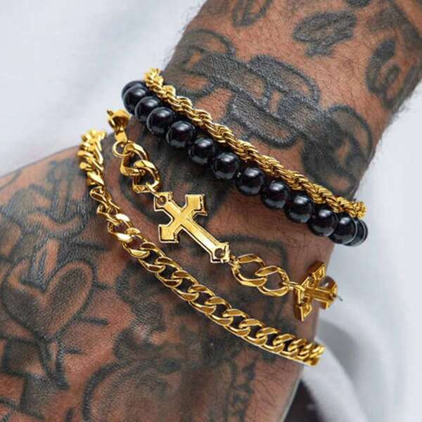 4-teiliges Set Herren Edelstahl Kreuz Perlenarmband, Punk Legierung Armband, Geschenk für Männer