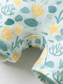 mini bala Kids' Summer One-Piece Swimsuit – Short Sleeve With Cap, UV Protection - Blue Tint - View 8