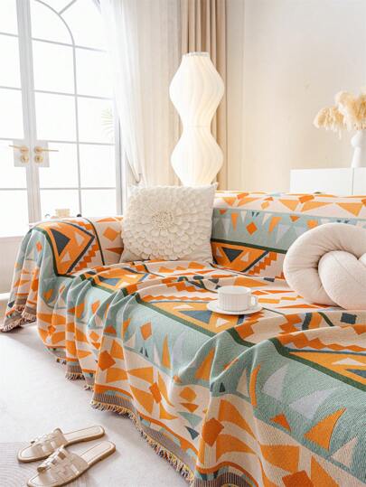 [Vibrant Bohemian Sofa Cover] Vibrant Geometric 1pc Bohemian Sofa Cover With Tassels - Machine Washable, Pet-Friendly Couch Protector Blanket For Single/Double/Triple/Quadruple Sofas, Home Decor Essential
