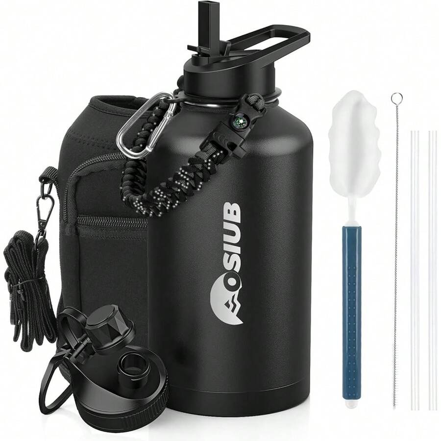 New-88 Insulated Water Bottle 64 Oz, Triple Wall Vacuum Stainls Steel(Cold For 48 Hrs),Le Proof & -,Half Gallon Water Bottle  Reflective Pad & Flip Straw For Sports & Travel, Black - Black 64 Ounc - View 1