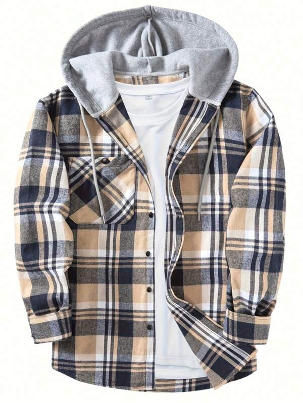 Men Flannel Hoodie Shirts Long Sleeve Casual Plaid Jackets