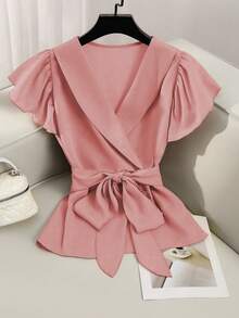 Elegant V-Neck Solid Color Ruffle Sleeve Tie Waist Shirt With Solid Color Crisscross Belt Summer - Dusty Pink - View 6