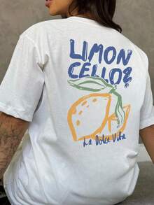 Plus Size Women's Summer New Simple Lemon And Slogan Print Daily Casual Round Neck Loose White Short Sleeve T-Shirt Fashionable And Versatile Suitable For Daily Wear Women's Tops - White - View 7