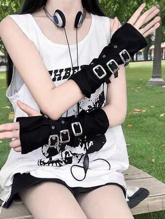 1pair Y2k Style Suitable Punk Gloves Gothic Style Wristband Buckles Steampunk Fingerless Mittens Riot Armwarmers Black Corset Arm Warmers For Halloween Cosplay Carnival Party Street Costume Accessories Elbow Length,Halloween Clothing Accessories