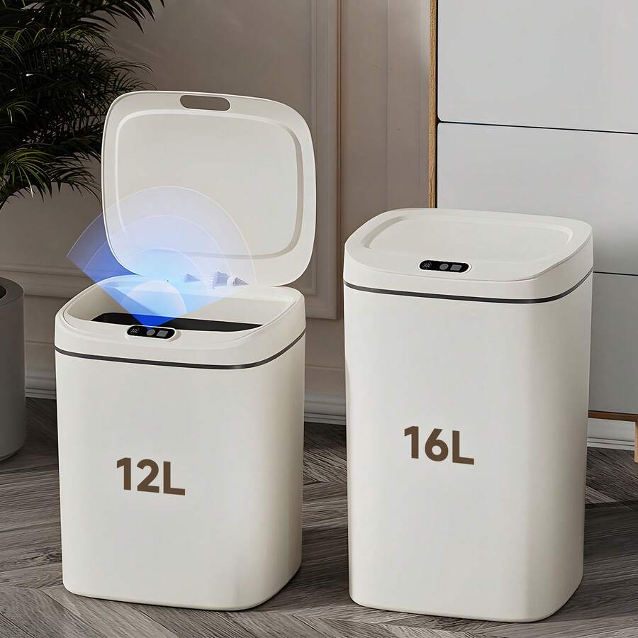 Senmeo 3.17 Gallon / 4.23 Gallon Bathroom Trash Can With Lid,1PCS Non-Contact Automatic Motion Sensor, Smart Sensor Trash Can, Touch-Free Waterproof Trash Can, Electronic Auto On/Off Trash Can, Sealed Lid For Odor Prevention, Silent Closure, Multiple Capacity Options, Ideal For Kitchen, Bathroom, Living Room And Office- Battery Operated (AA), Batteries Not Included(No Inner Ring) - Màu trắng sữa - Xem 1