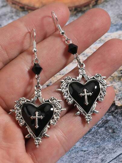 Gothic Style Cross, Heart, Rose Flower, Bow Knot, Thorn Pendant Black Beaded Y2K Hoop Earrings For Women