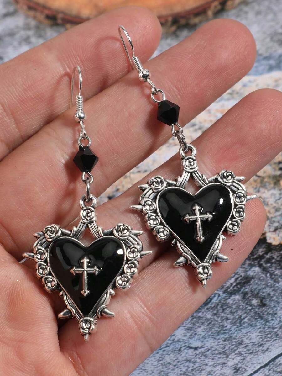 Gothic Style Cross, Heart, Rose Flower, Bow Knot, Thorn Pendant Black Beaded Y2K Hoop Earrings For Women - Silver - View 1
