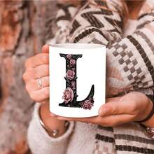 1pc Black Letter Floral A-Z Print Coffee Mug, Pink Floral, Alphabet Floral Coffee Mug For Office And Home, Alphabet Ceramic Coffee Mug, Women'S Birthday Gift, Mom, Best Friend, Bride, Bridesmaid Gift, White Tea Cup, Mother'S Day, Father'S Day Gift 11oz