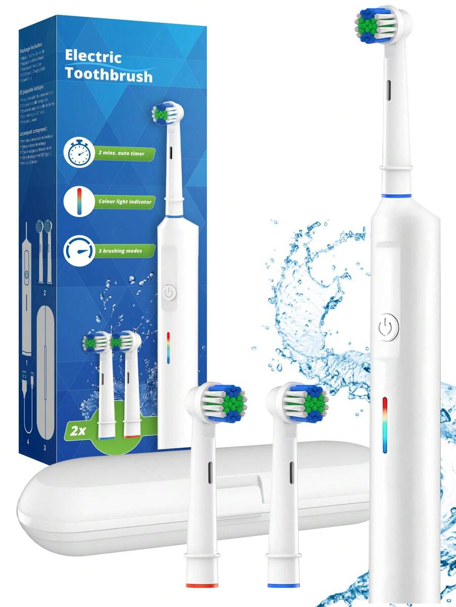 Cepillo de dientes eléctrico inteligente, 3 modos de limpieza, recargable por USB, cepillos de dientes eléctricos recargables con temporizador de 2 minutos, estuche de viaje y 2 cabezales de cepillo, compatible con los cabezales de recambio del cepillo de dientes eléctrico