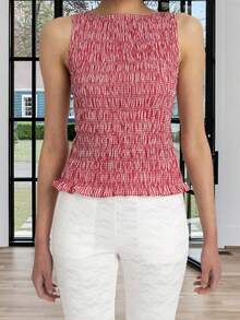 Women's Summer Smocked Tank Tops Solid Color/Plaid Sleeveless Boat Neck Ruffled Hem Slim Fit Vest - Red - View 5