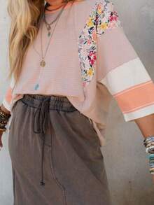 Women's Spring Autumn Loose Tops 3/4 Sleeve Round Neck Floral Print Striped T-Shirt - Pale Pinkish Gray - View 6