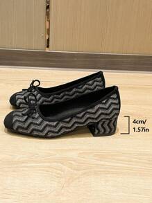 Zapatos de mujer de tacón ancho de punta cuadrada, bailarinas versátiles con lazo decorativo, zapatos de tacón tipo mula con diseño ondulado, tacones altos de color negro a la moda, tacones altos de mujer, talla grande