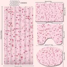 4 Stücke rosa Herz Thema Badezimmer Vorhang Set, Badematte, U-förmiger Toilettendeckel, wasserdichter Duschvorhang, dekorativer Badezimmer Raumteiler Vorhang, moderner Stil, ohne Bohren erforderlich, maschinenwaschbar, Badezimmer Accessoires, Rückfahrt zur Schule Badezimmer Dekoration