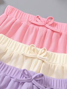 3pcs/Set Young Girls Solid Color Casual Crew Neck Sleeveless Tank Top Bowknot Decorated Shorts Summer Outfit - Multicolor - View 5