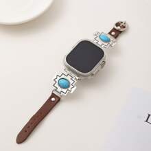 Pulseira de relógio retrô turquesa incrustada, 1 peça, vários tamanhos disponíveis, compatível com Apple Watches de 38 mm a 49 mm, compatível com as séries SE/1-9, liga de zinco com fecho dobrável