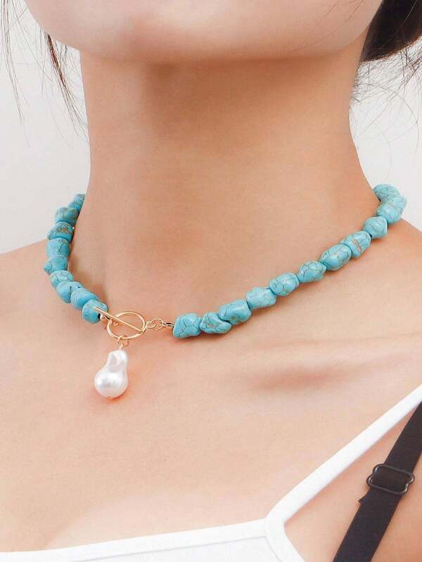 1pc Women's Asymmetrical Shape Natural Turquoise & Baroque Pearl Pendant Necklace