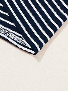 Acelitt Striped Contrast Color Shoulder Short Sleeve Knit Casual Round Neck T-Shirt, Summer - Navy Blue - View 5