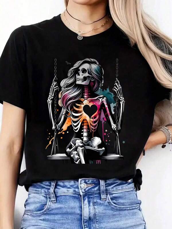 1pc Women's Plain Skull Print T-Shirt, Casual And Fashionable For Daily Wear